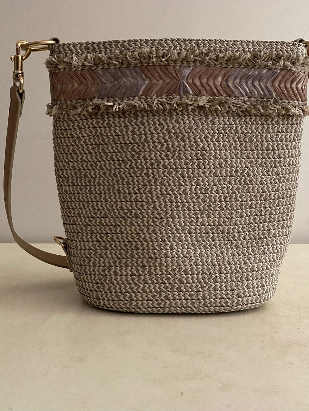 Eric Javits Fringe Trim Squishee Straw Bucket Bag Natural Beige Taupe Color
